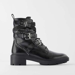 Zara Low Heeled Leather Ankle Boots W/ Pearls